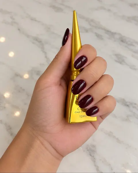 Unhas vinho segurando frasco de gel